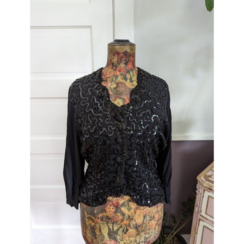 Vintage 1940s Silk Crepe Black Sequin Tie Back Button Blouse Sz M